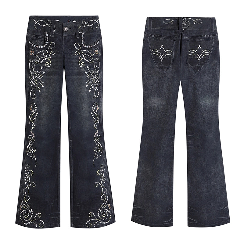 FayChui  Vintage Gemstone Floral Print Flare Pants