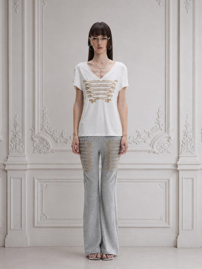 FayChui Vintage Gold Embroidered Rope Knot Slim Women&