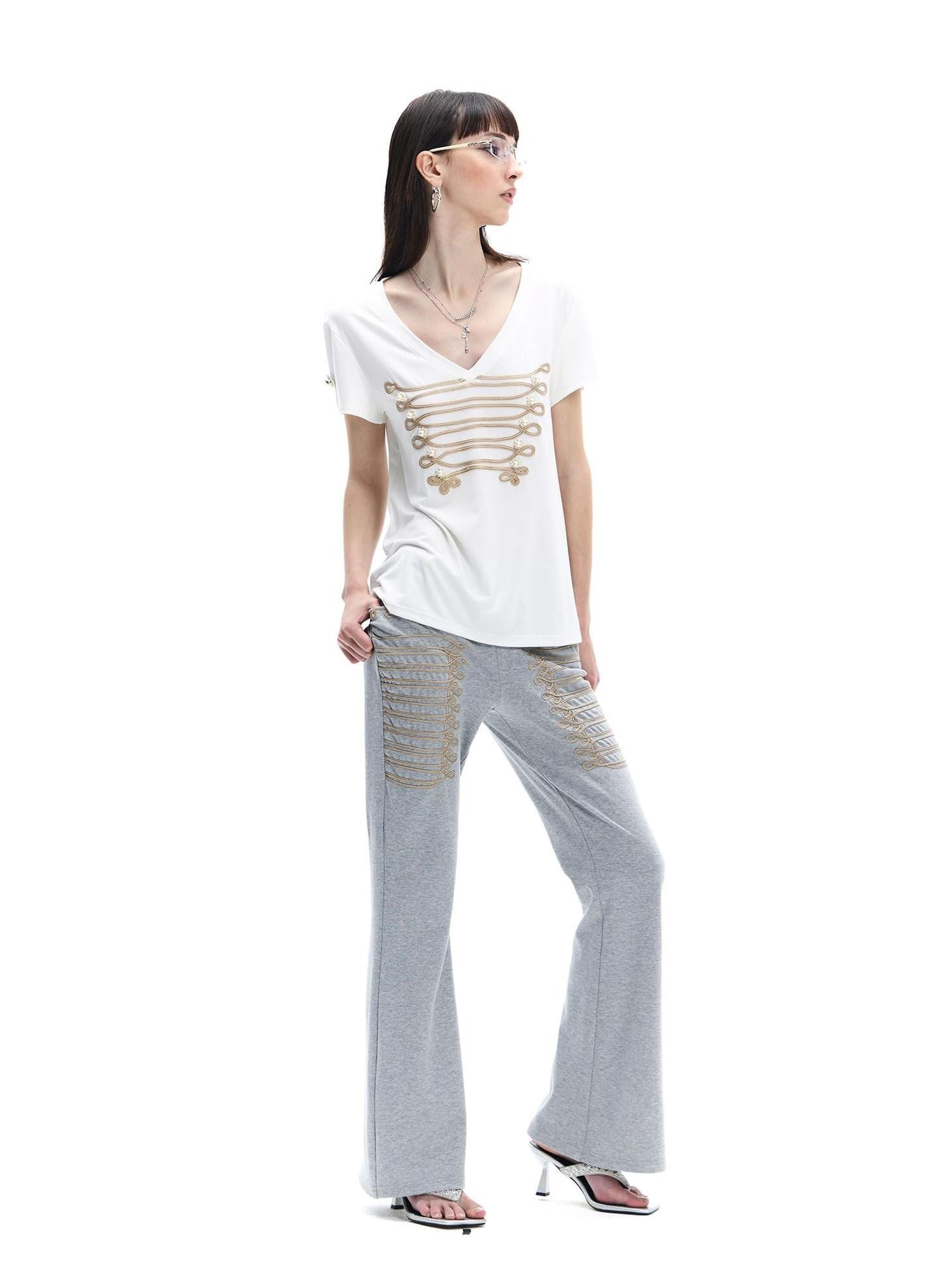 FayChui Vintage Gold Embroidered Rope Knot Slim Women&