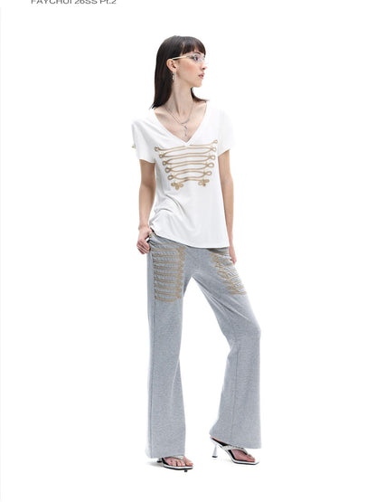 FayChui Vintage Gold Embroidered Rope Knot Slim Women&