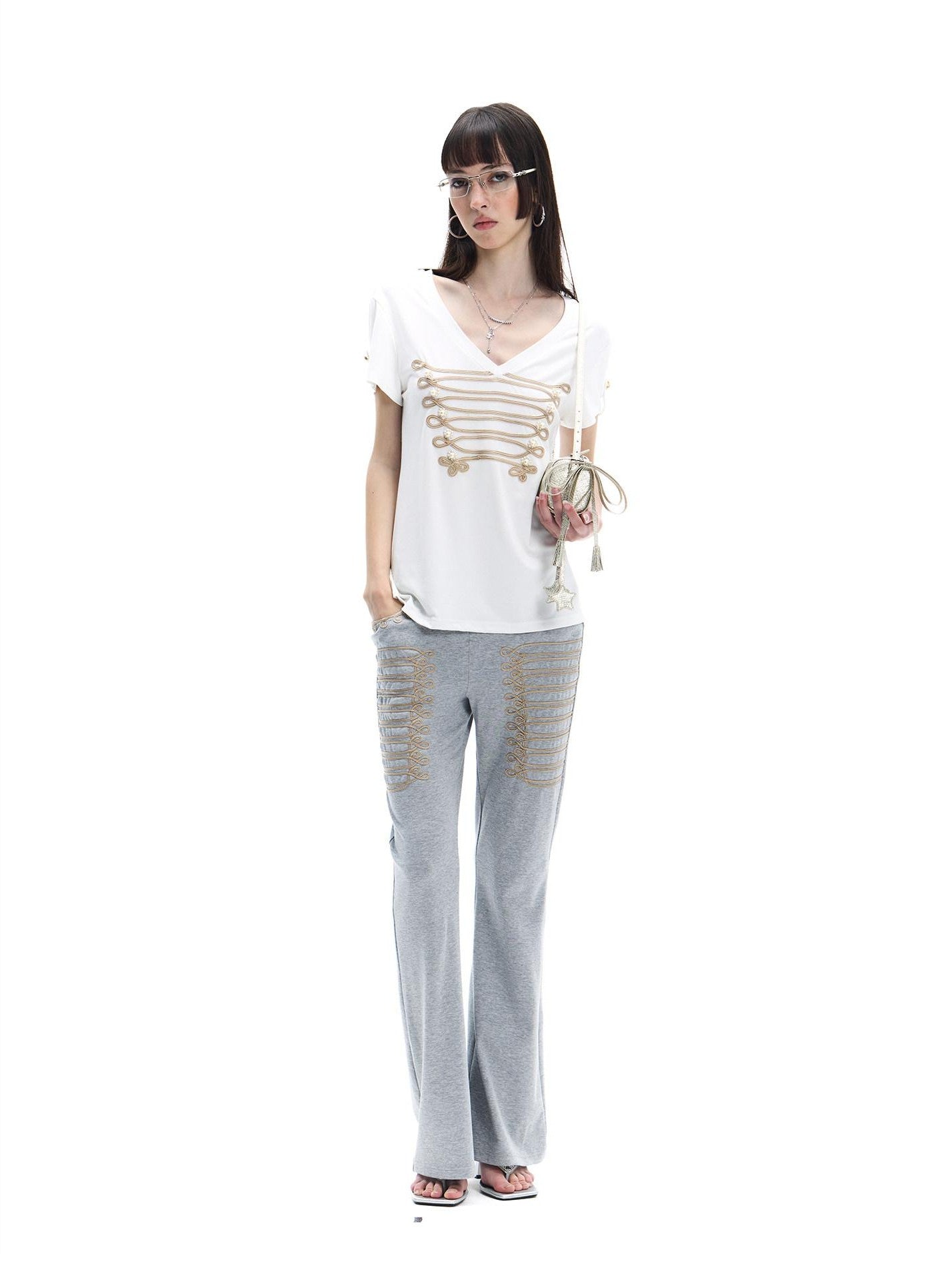 FayChui Vintage Gold Embroidered Rope Knot Slim Women&