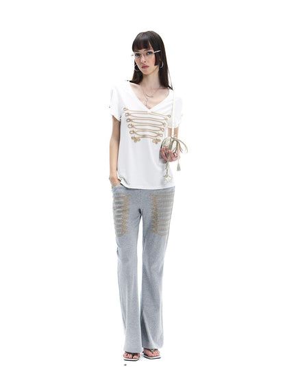 FayChui Vintage Gold Embroidered Rope Knot Slim Women&