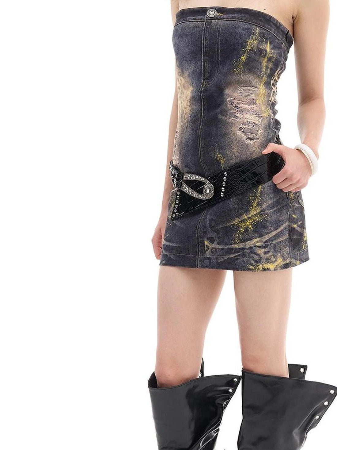 FayChui  Vintage Gold Wash Denim Bustier Dress V-neck Long Sleeve