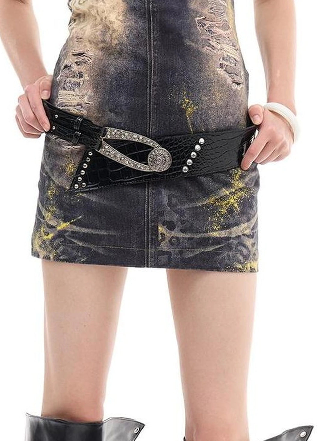 FayChui  Vintage Gold Wash Denim Bustier Dress V-neck Long Sleeve