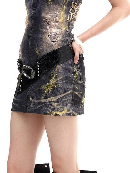 FayChui  Vintage Gold Wash Denim Bustier Dress V-neck Long Sleeve