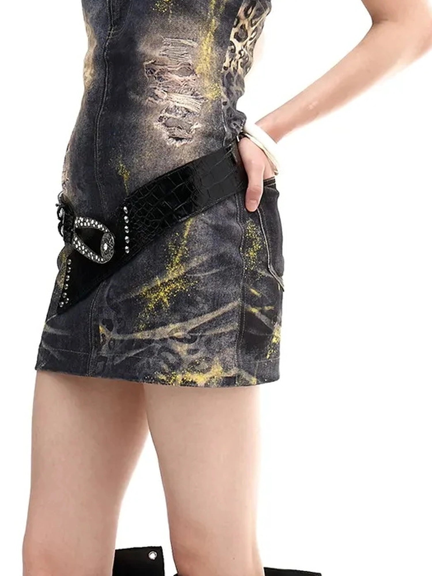 FayChui  Vintage Gold Wash Denim Bustier Dress V-neck Long Sleeve