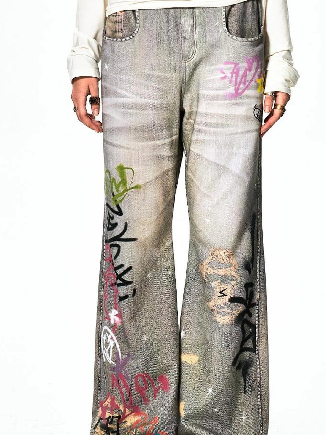 FayChui  Vintage Graffiti Print Flared Sweatpants