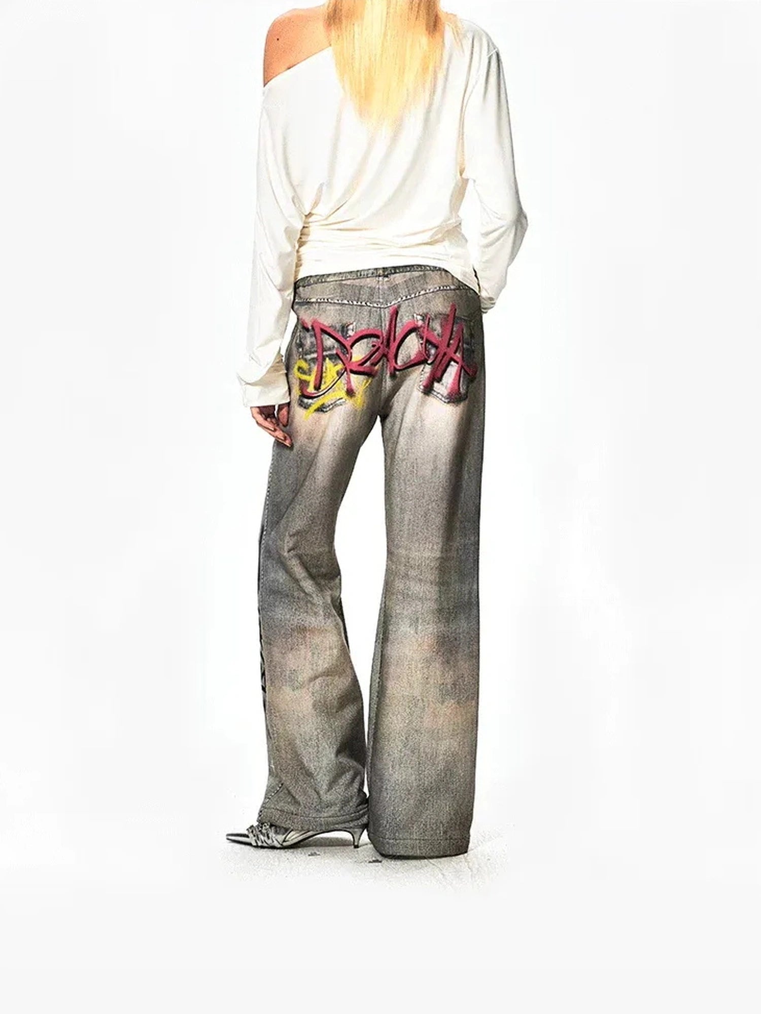 FayChui  Vintage Graffiti Print Flared Sweatpants