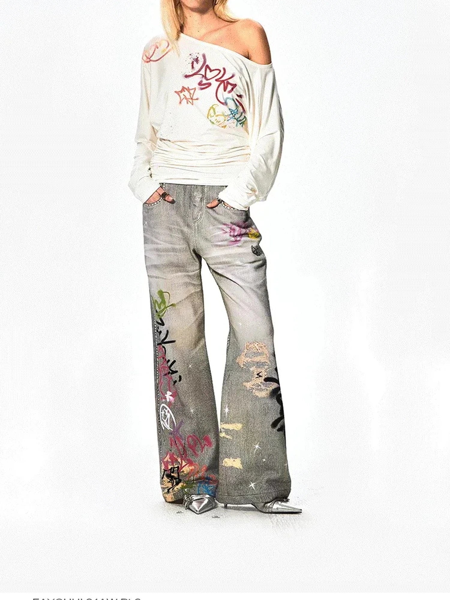 FayChui  Vintage Graffiti Print Flared Sweatpants