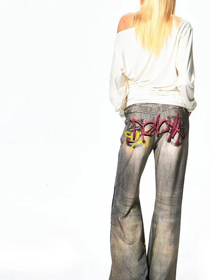 FayChui  Vintage Graffiti Print Flared Sweatpants