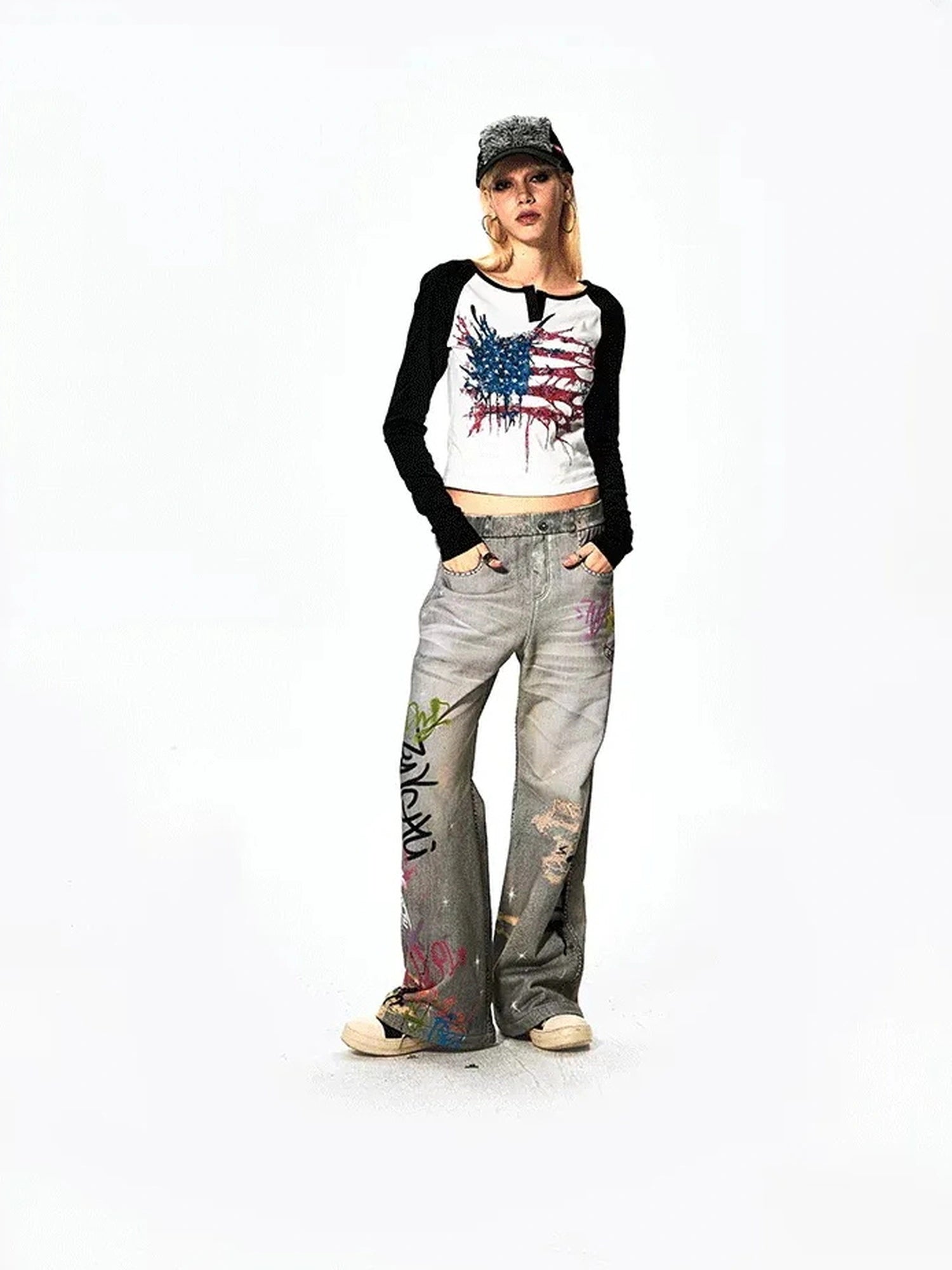 FayChui  Vintage Graffiti Print Flared Sweatpants