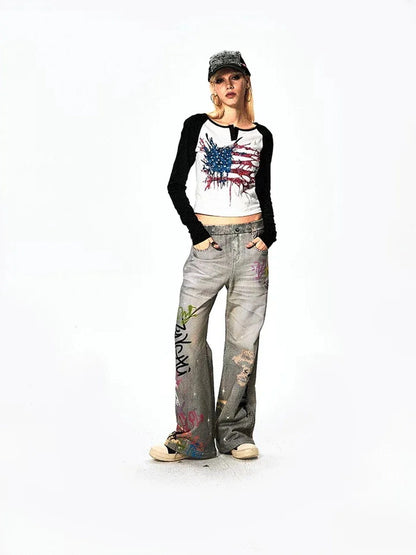 FayChui  Vintage Graffiti Print Flared Sweatpants