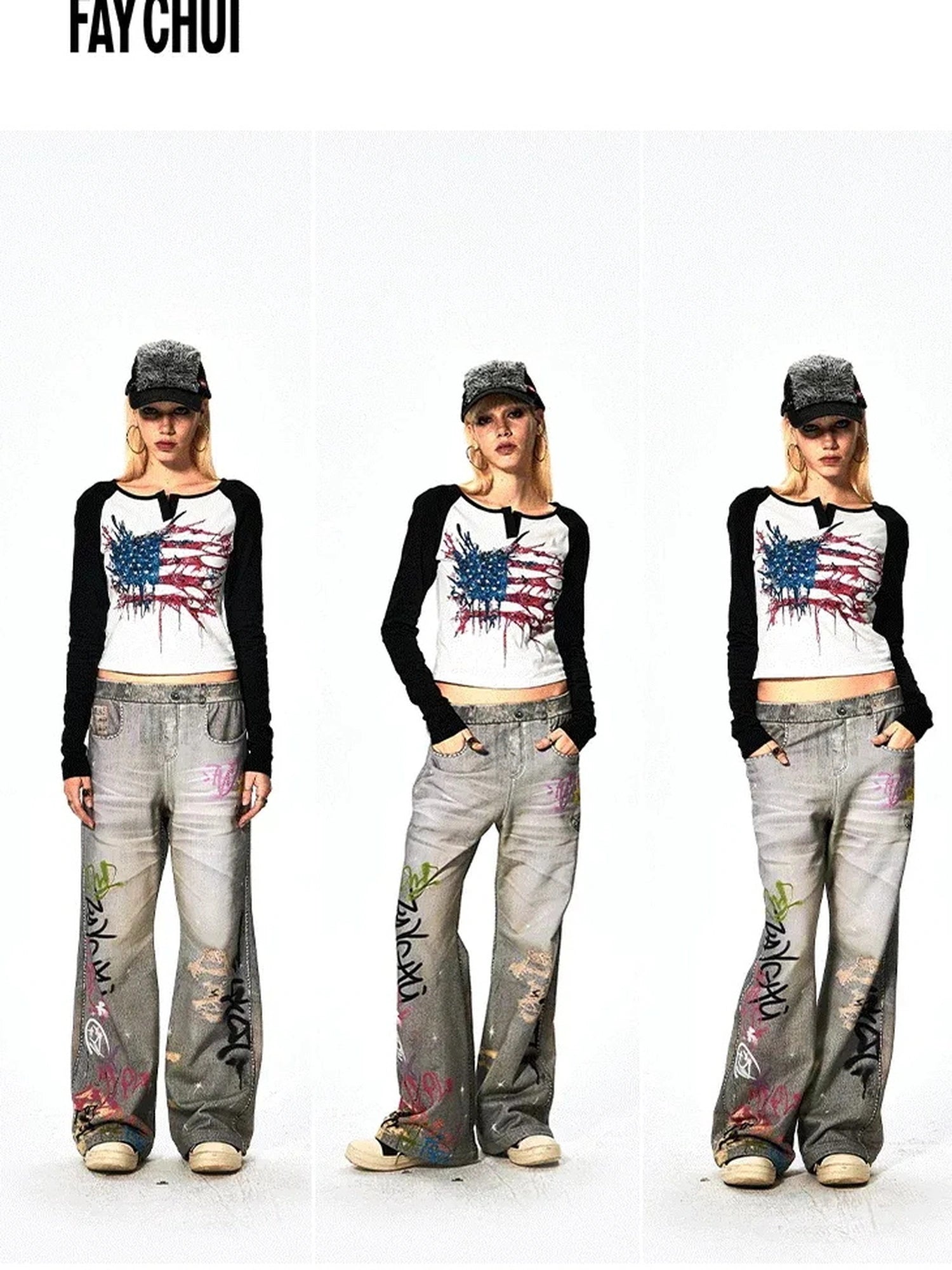 FayChui  Vintage Graffiti Print Flared Sweatpants