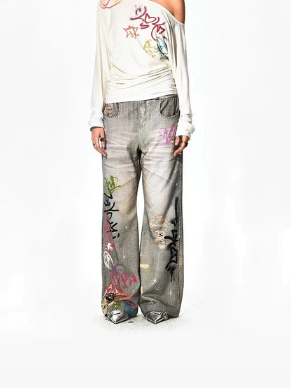 FayChui  Vintage Graffiti Print Flared Sweatpants