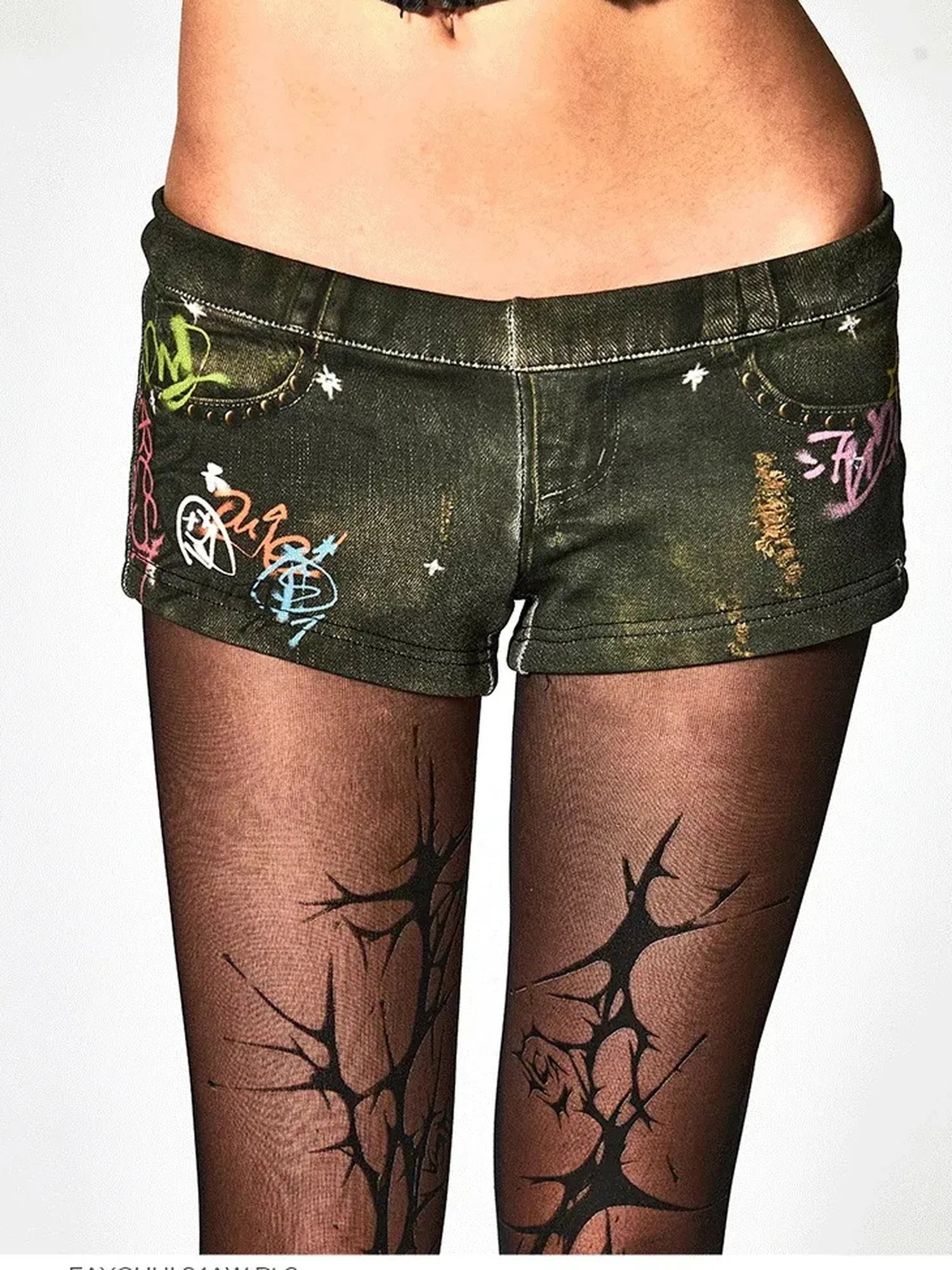 FayChui  Vintage Graffiti Print Low Rise Knit Shorts