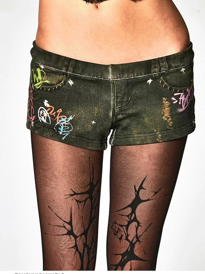 FayChui  Vintage Graffiti Print Low Rise Knit Shorts