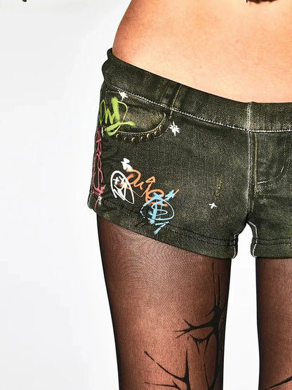 FayChui  Vintage Graffiti Print Low Rise Knit Shorts