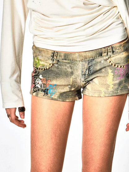 FayChui  Vintage Graffiti Print Low Rise Knit Shorts