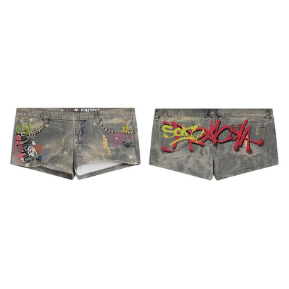 FayChui  Vintage Graffiti Print Low Rise Knit Shorts
