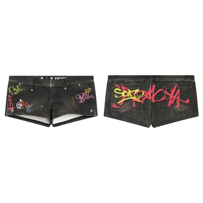 FayChui  Vintage Graffiti Print Low Rise Knit Shorts