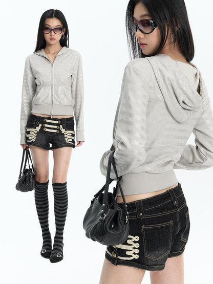 FayChui Vintage Grey Silver Striped Rhinestone Print Women&
