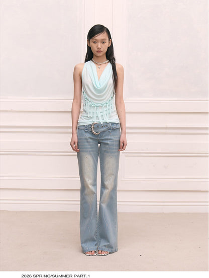 FayChui Vintage Heart Tassel Beaded Halter V-neck Women&