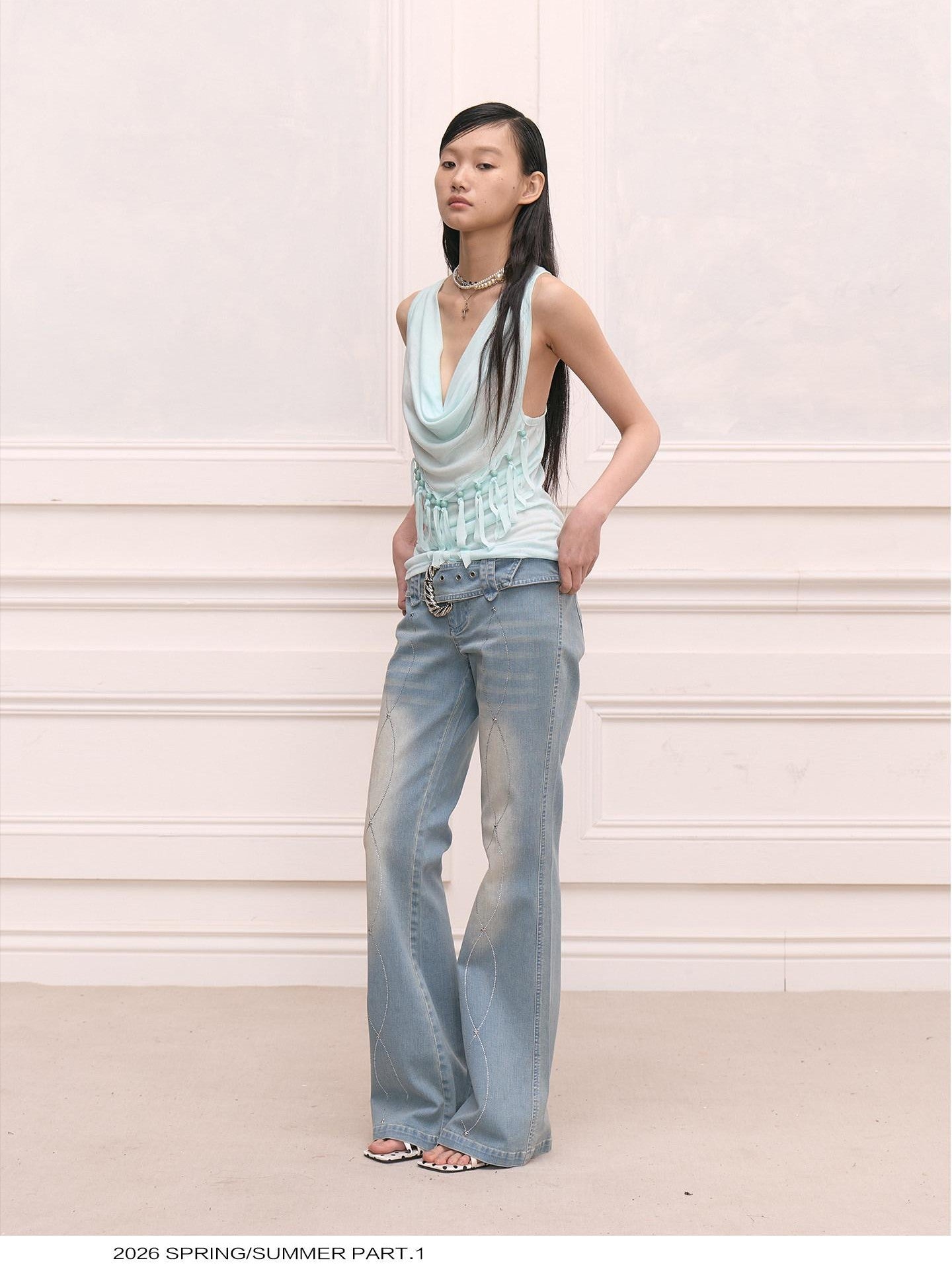 FayChui Vintage Heart Tassel Beaded Halter V-neck Women&