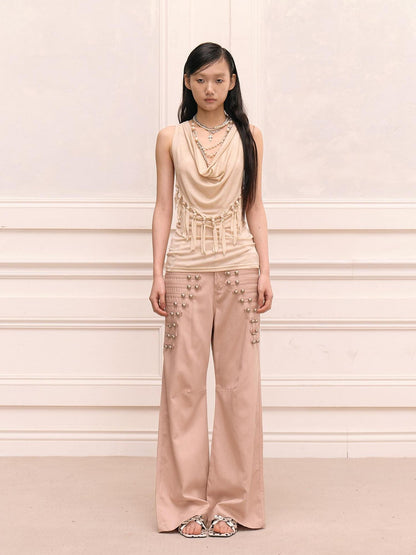 FayChui Vintage Heart Tassel Beaded Halter V-neck Women&