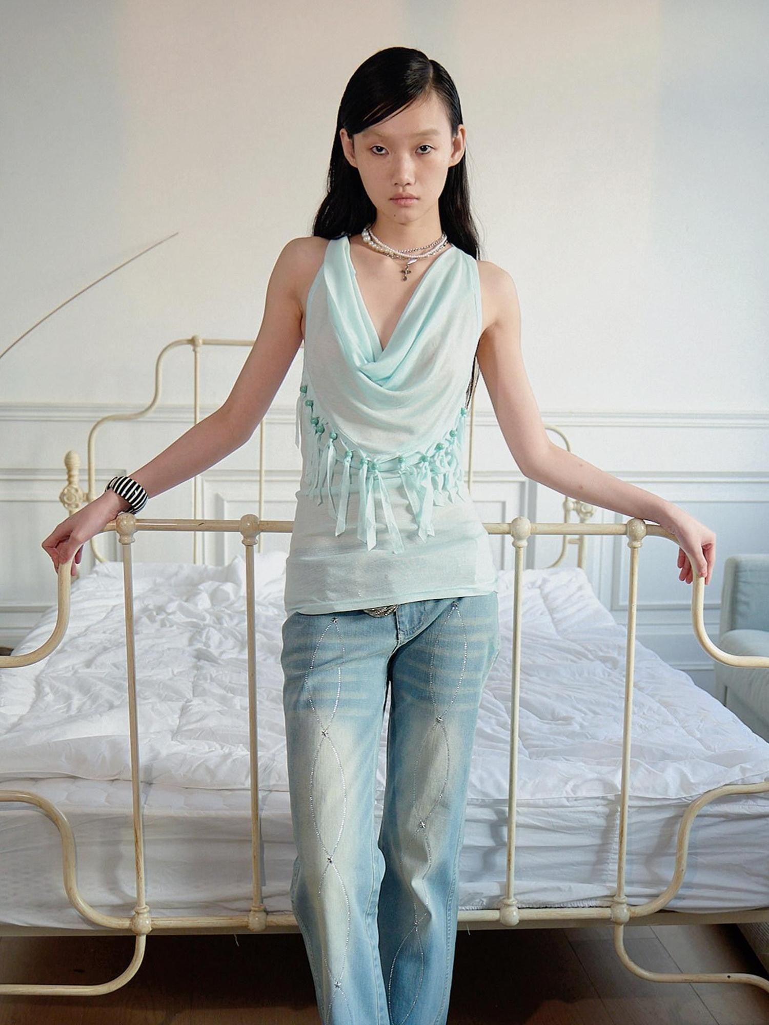 FayChui Vintage Heart Tassel Beaded Halter V-neck Women&