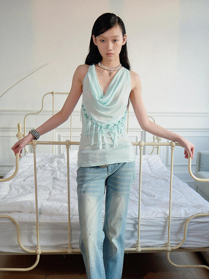 FayChui Vintage Heart Tassel Beaded Halter V-neck Women&