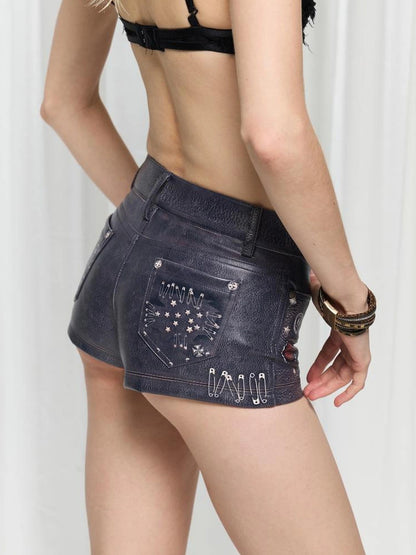 FayChui  Vintage Illusion Print Punk Leather Shorts