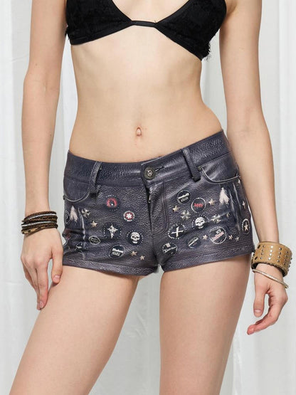 FayChui  Vintage Illusion Print Punk Leather Shorts