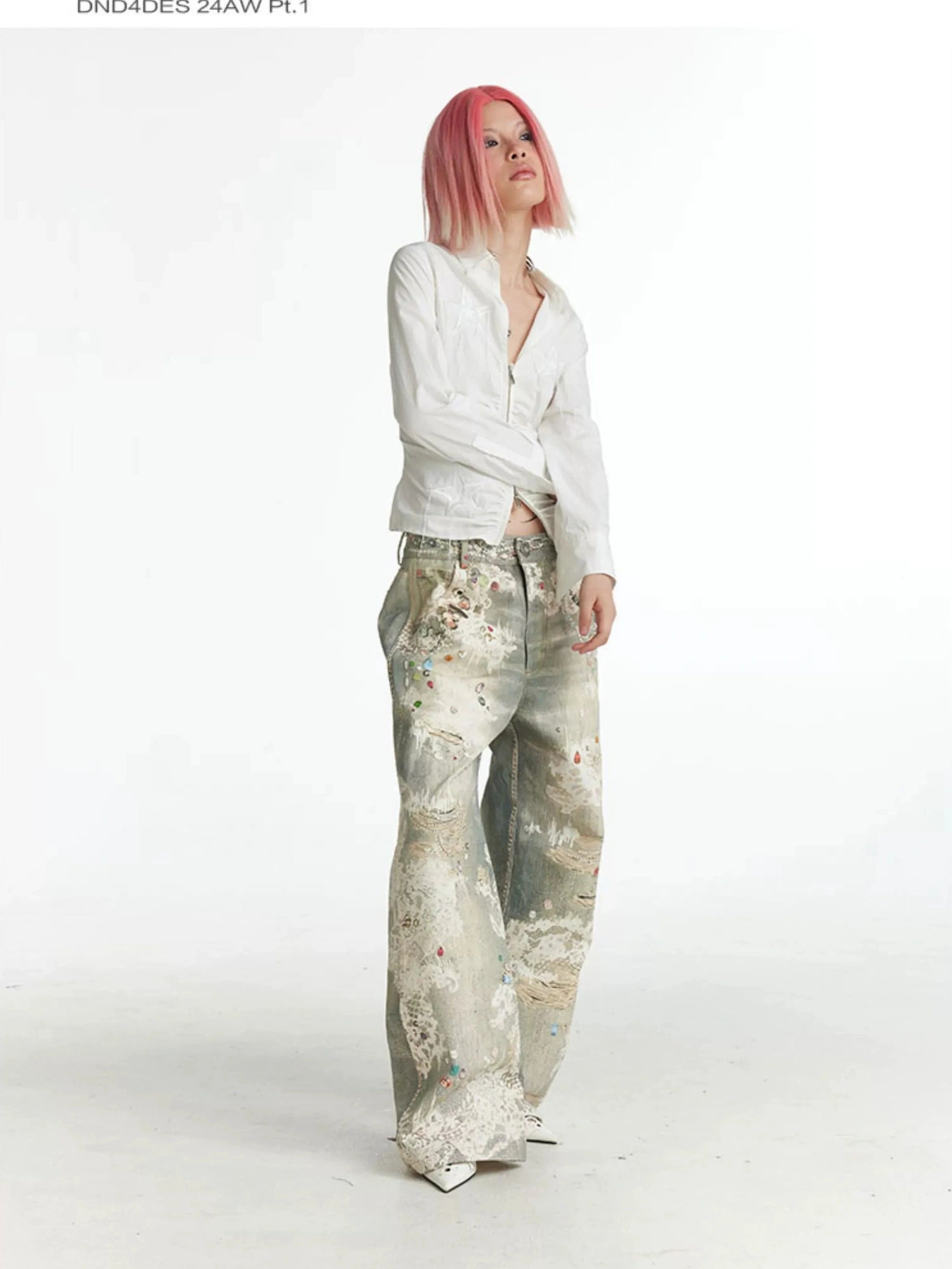 FayChui  Vintage Lace Print Denim Trousers