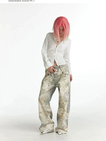 FayChui  Vintage Lace Print Denim Trousers