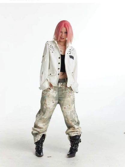 FayChui  Vintage Lace Print Denim Trousers