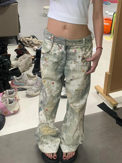FayChui  Vintage Lace Print Denim Trousers