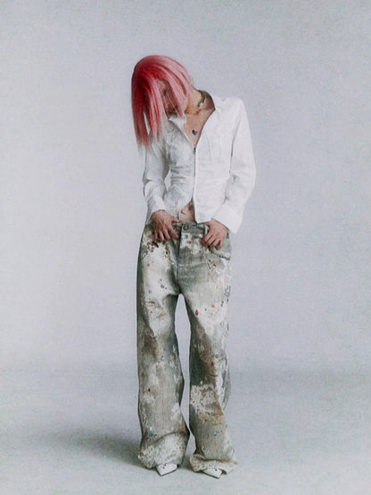 FayChui  Vintage Lace Print Denim Trousers