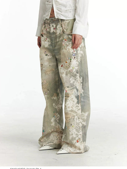 FayChui  Vintage Lace Print Denim Trousers