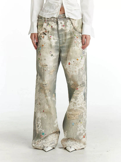 FayChui  Vintage Lace Print Denim Trousers