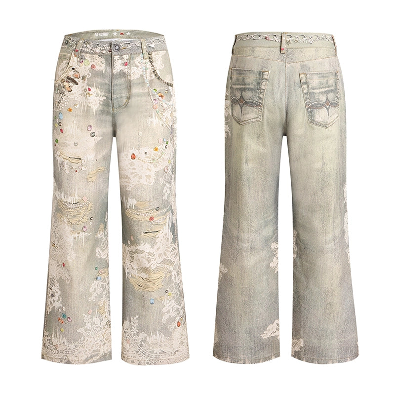 FayChui  Vintage Lace Print Denim Trousers
