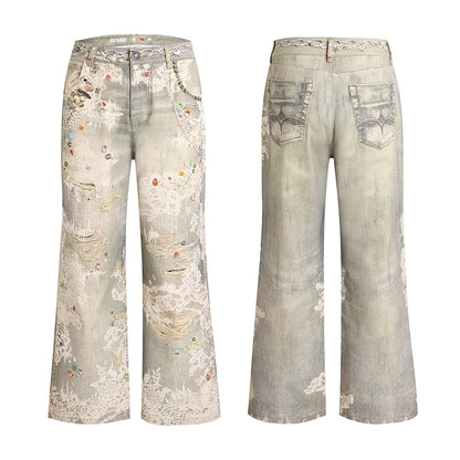 FayChui  Vintage Lace Print Denim Trousers