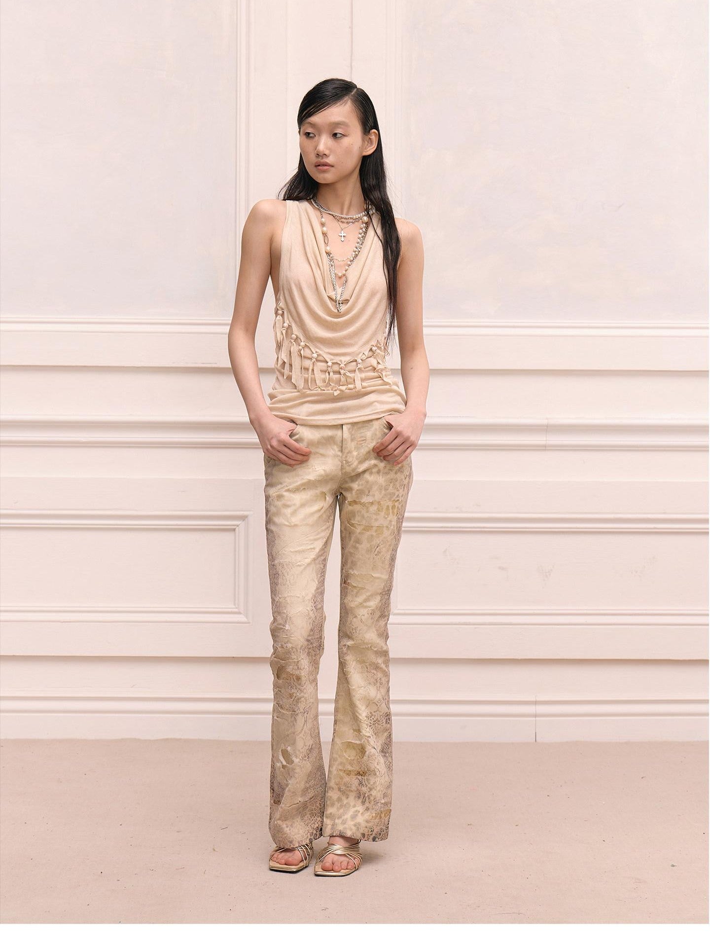 FayChui Vintage Leopard Distressed Mesh Ripped Women&