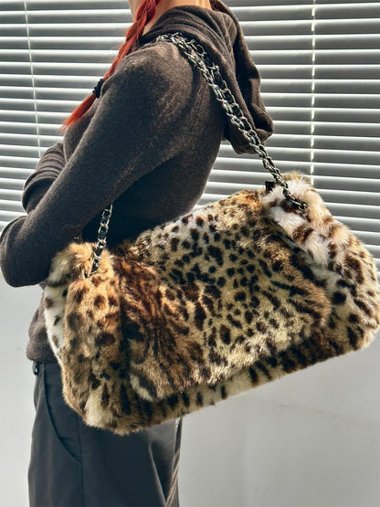 FayChui Vintage Leopard Plush Chain Box Women&