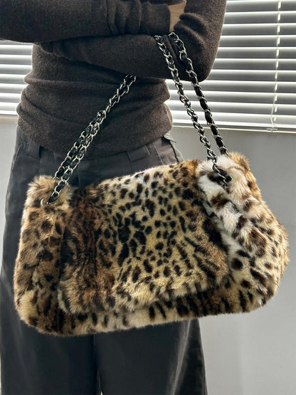FayChui Vintage Leopard Plush Chain Box Women&