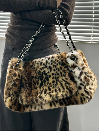 FayChui Vintage Leopard Plush Chain Box Women&