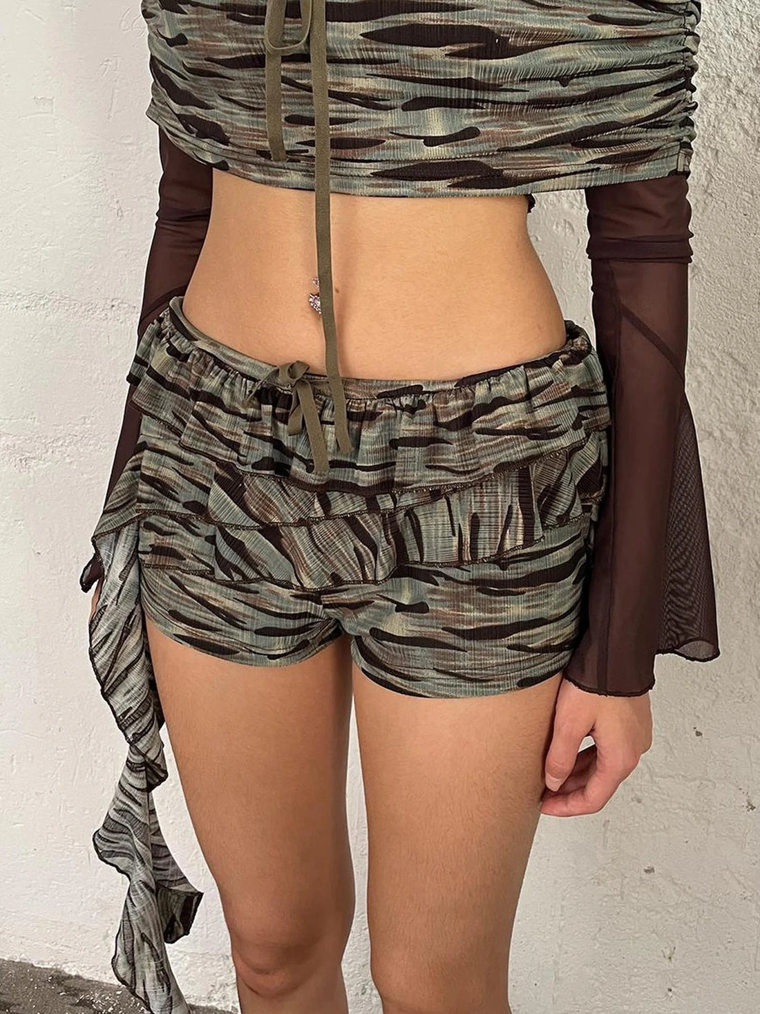 FayChui  Vintage Low Rise Camo Ruffle Shorts