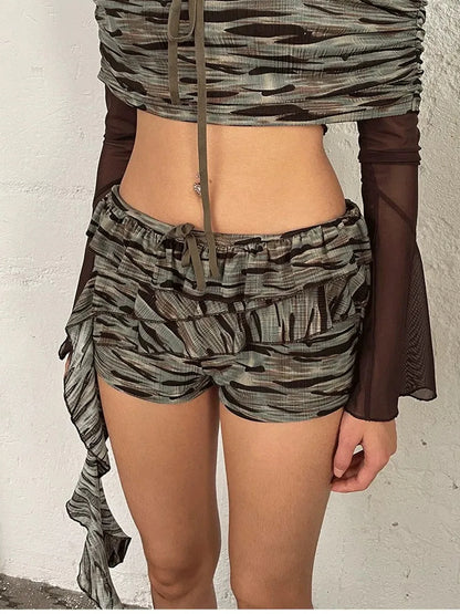 FayChui  Vintage Low Rise Camo Ruffle Shorts