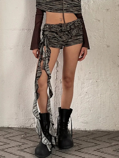 FayChui  Vintage Low Rise Camo Ruffle Shorts
