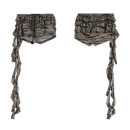 FayChui  Vintage Low Rise Camo Ruffle Shorts