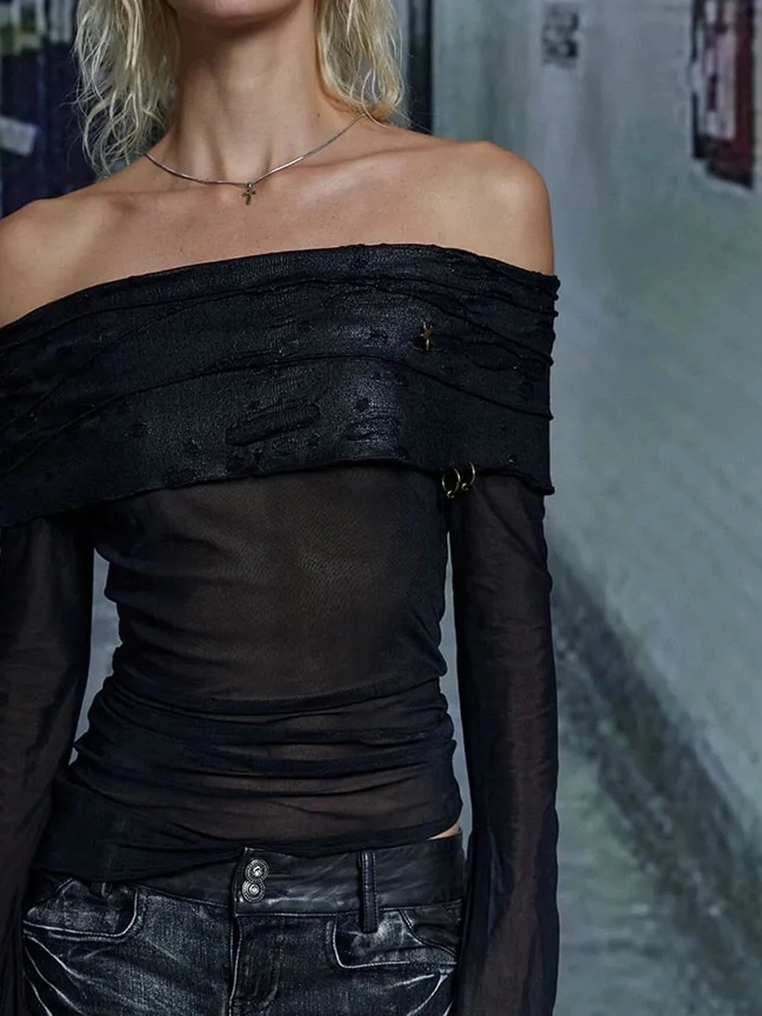 FayChui  Vintage Mesh Off Shoulder Top